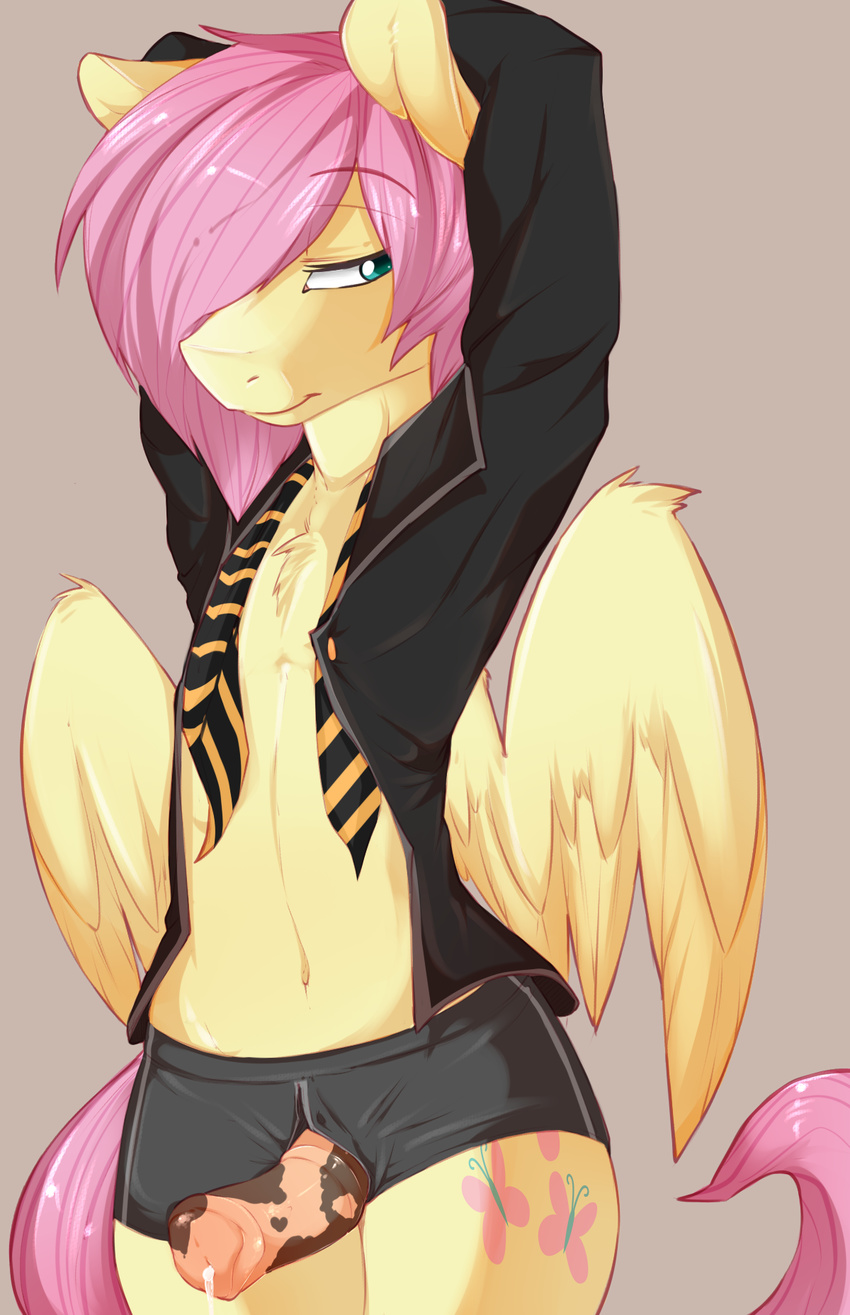 2015 animal_genitalia anthro anthrofied arms_behind_head boxer_briefs chest_tuft clothing crossgender cutie_mark equine fluttershy_(mlp) friendship_is_magic fur girly green_eyes hair half-closed_eyes horsecock looking_away male mammal my_little_pony navel necktie open_pants open_shirt pants pegasus penis pink_hair plain_background poking_out precum rainbowscreen shirt solo tuft underwear wings yellow_fur