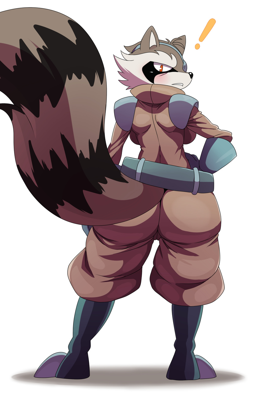 ! 2015 anthro back_view baggy_pants belt big_butt blush boots butt captain_sale clothing eye_patch eyewear female gloves jacket jumpsuit looking_at_viewer looking_back mammal pants plain_background presenting presenting_hindquarters raccoon red_eyes shadow short_stack shoulder_pad solo sssonic2 teeth white_background