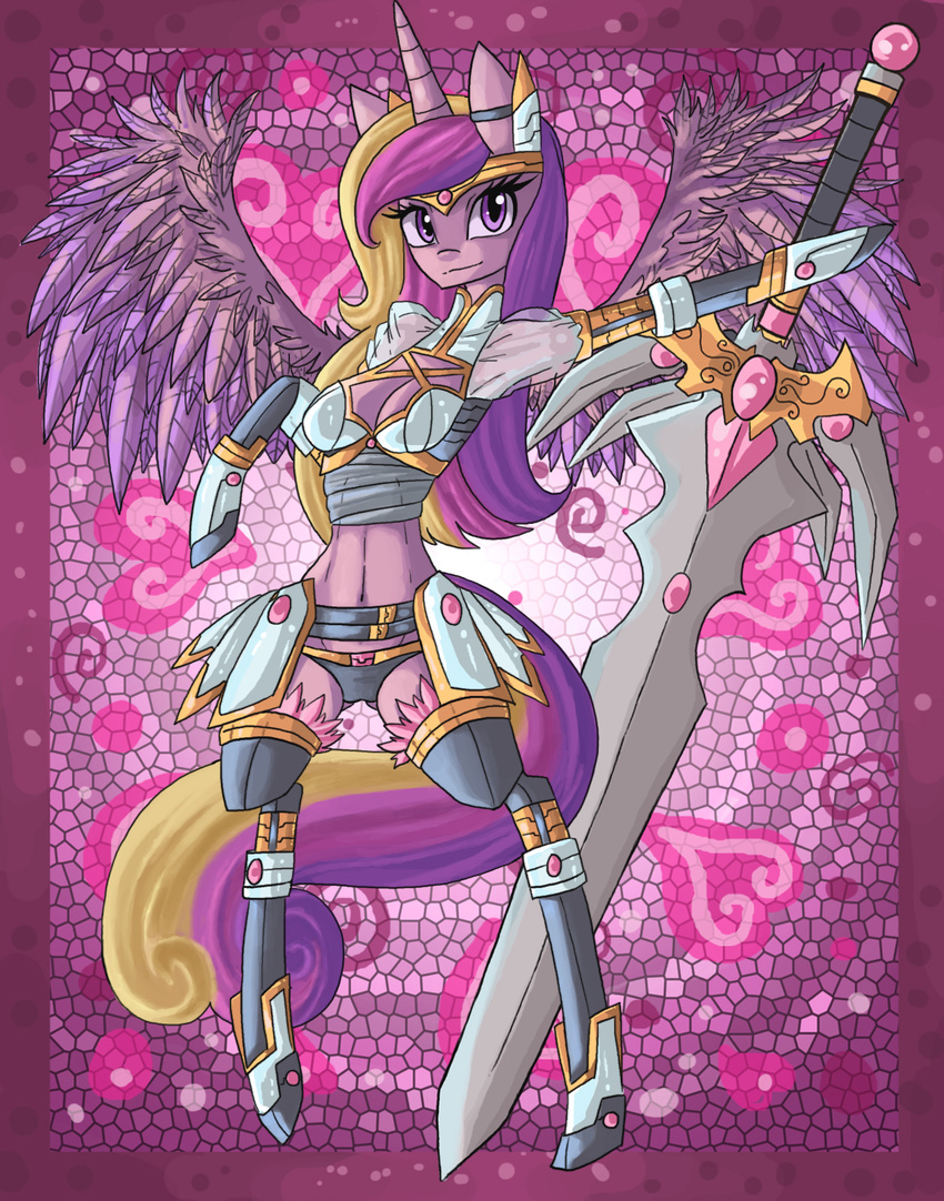 &lt;3 2015 anthro anthrofied armor blonde_hair breasts cleavage clothed clothing equine female friendship_is_magic fur hair hi_res horn long_hair looking_at_viewer mammal my_little_pony navel panties pink_fur pink_hair princess_cadance_(mlp) purple_eyes purple_feathers purple_fur purple_hair raptor007 skimpy solo sword unconvincing_armor underwear weapon winged_unicorn wings yellow_fur