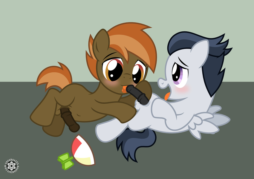 animal_genitalia balls blush brown_hair button_mash_(mlp) cub duo earth_pony equine fellatio feral friendship_is_magic fur hair hat hi_res horse horsecock male male/male mammal my_little_pony oral pegasus penis plain_background pony rumble_(mlp) sasukex125 sex smile tongue tongue_out two_tone_hair wings young