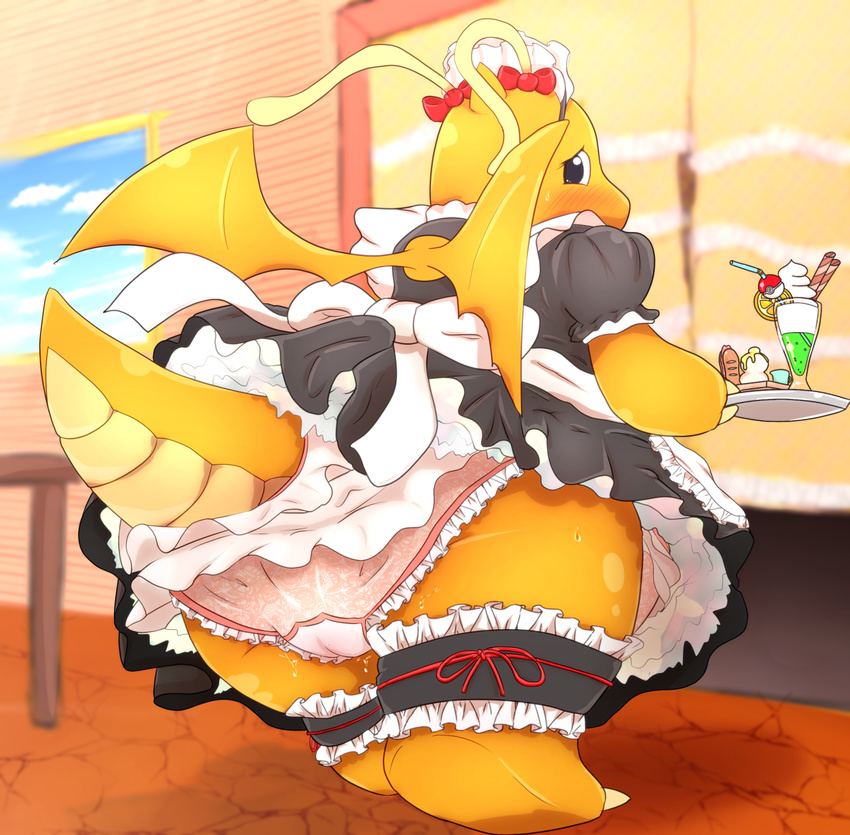 beverage blush bow camel_toe chubby clothing collaboration dragonite female feral food inside looking_at_viewer looking_back maid maid_uniform nervous nintendo panties pantsuneko panty_shot pok&eacute;mon pussy_juice skirt solo sweat tray underwear upskirt vcrow_shuu video_games wings