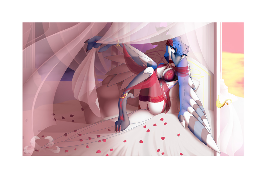 absurd_res avian bed bird blue_jay claws clothing female flower hi_res inviting lingerie plant rose rose_petals seductive solo twintailsinc wings