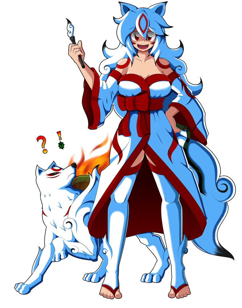 absurdres amaterasu animal_ears breasts dual_persona full_body highres issun japanese_clothes kurus37 large_breasts ookami_(game) personification red_eyes smile tail transparent_background white_hair wolf wolf_ears wolf_tail