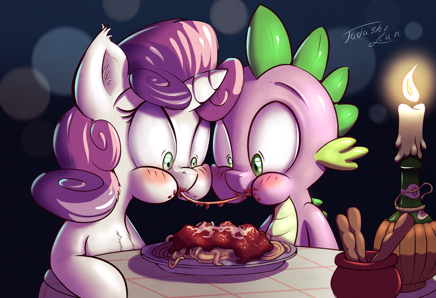 2015 blush breadsticks candle cub dragon eating equine female feral food friendship_is_magic green_eyes hair horn male male/female mammal my_little_pony pasta sauce scalie spaghetti spike_(mlp) sweetie_belle_(mlp) tadashi--kun two_tone_hair unicorn young