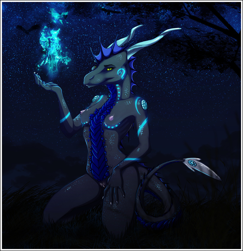 anthro breasts curled_tail dragon female fire gem glowing hanging_breasts horn invalid_color invalid_tag kneeling long_horns myakoda nidhoggr nipples nude pinup pose power pussy shiny sitting slim small solo yellow_eyes