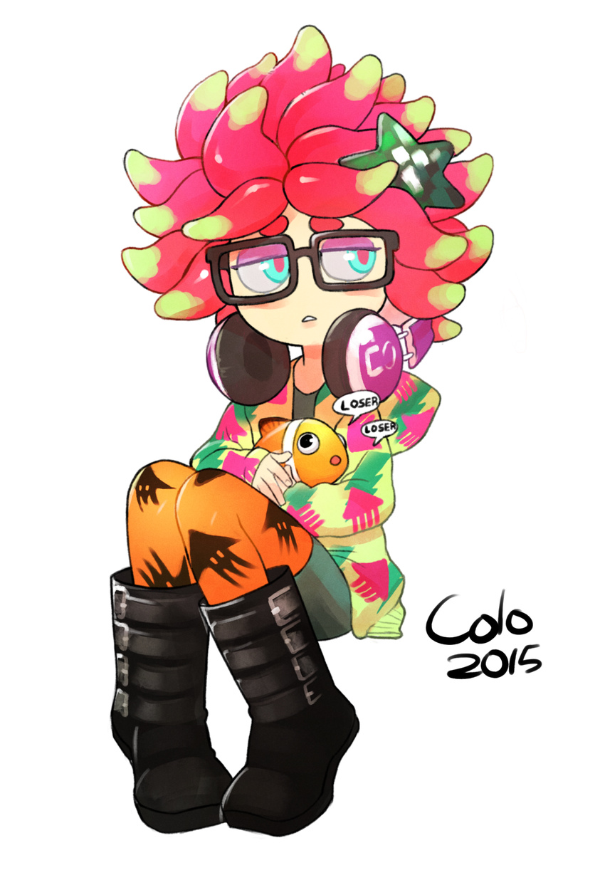 anemo_(splatoon) anemone anemone_(splatoon) annie_(splatoon) blue_eyes boots clown_fish clownfish colo colo_(nagrolaz) eyeshadow eyewear female feral fish full_body glasses hair_ornament headphones headphones_around_neck highres hipster hood hoodie jitome knee_boots kumano_(splatoon) looking_away makeup male moe_(splatoon) orange_legwear pantyhose pink_hair print_legwear short_hair sitting solo splatoon squid star_hair_ornament tentacle_hair