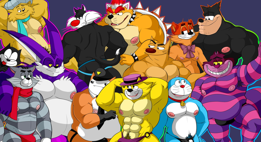 alice_in_wonderland anthro battleblock_theater biceps big_muscles big_the_cat black_fur bobthetanuki bowser canine cartoon cat catdog catdog_(series) cheshire_cat disney dog doraemon feline felix feral fur invalid_tag leopold_the_cat looney_tunes male male/male mammal mario_bros meowser motroskin muscles nintendo nude orange_fur pete pubes riff_raff smile stripes sylvester top_cat video_games warner_brothers