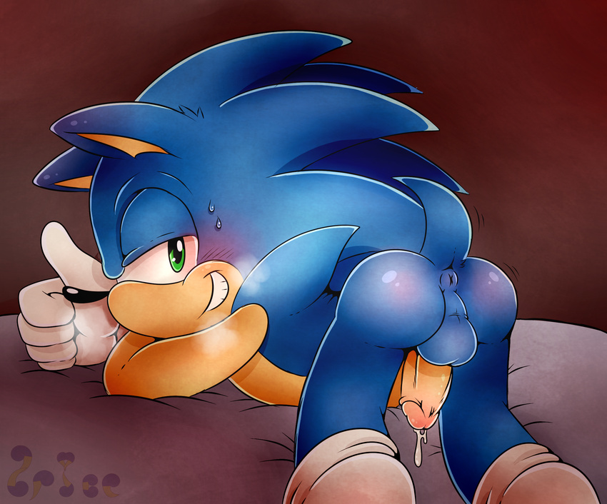 2015 absurd_res anthro balls blush butt erection fur hair hedgehog hi_res looking_at_viewer male male/male mammal nude open_mouth penis smile solo sonic_(series) sonic_the_hedgehog spice5400 sweat teeth video_games