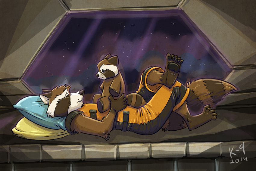 2014 anthro brown_fur fur galaxy guardians_of_the_galaxy k-9 male mammal marvel pillow plushie raccoon rocket_raccoon space
