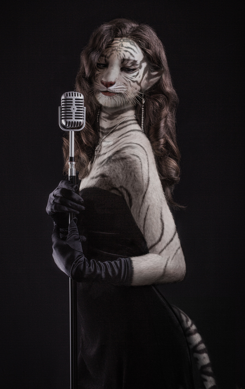 anthro black_background classy clothing dress ear_piercing edit feline female fur gloves jewelry mammal microphone necklace odysseusut photo_manipulation photomorph piercing plain_background solo striped_fur stripes tiger whiskers