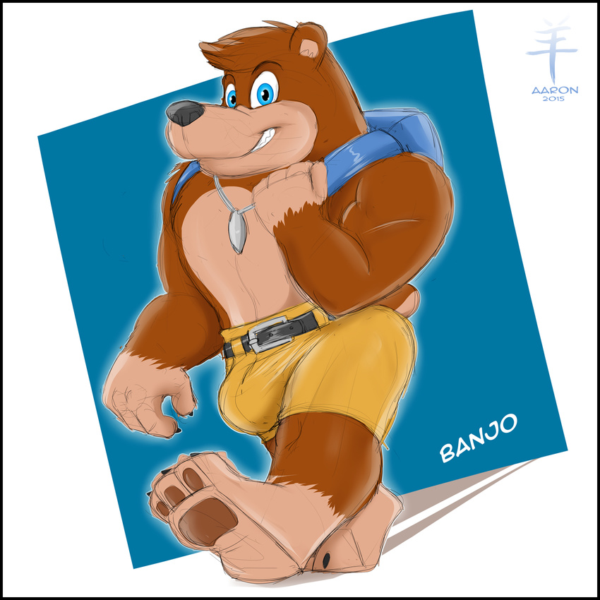 aaron_(artist) banjo banjo-kazooie bear biceps bulge clothing feet fur kazooie male mammal musical_instrument necktie pants