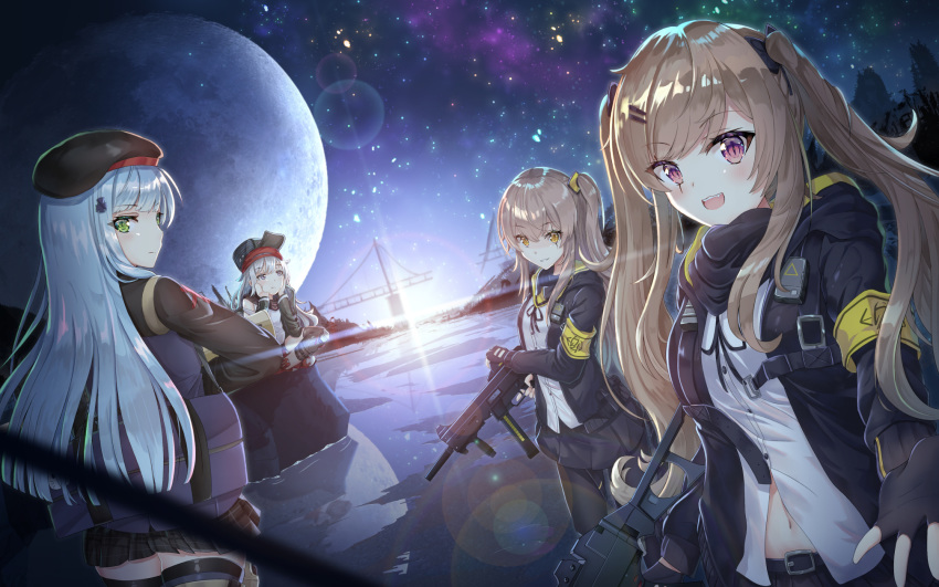404_(girls_frontline) 4girls armband assault_rifle bangs beret black_bow black_hat black_jacket black_legwear black_ribbon black_shorts blunt_bangs bow brown_hair closed_mouth coat commentary_request crossed_bangs eyebrows_visible_through_hair fang finger_on_trigger fingerless_gloves from_behind g11_(girls_frontline) girls_frontline gloves green_eyes green_hat green_jacket grey_hair gun h&amp;k_ump h&amp;k_ump45 h&amp;k_ump9 hair_between_eyes hair_ornament hairclip hat heckler_&amp;_koch highres hk416_(girls_frontline) holding holding_gun holding_weapon hood hood_down hooded_jacket jacket knee_pads long_hair long_sleeves looking_at_viewer messy_hair moon multiple_girls navel one_side_up open_clothes open_coat open_jacket pantyhose plaid plaid_skirt revision ribbon rifle scar scar_across_eye scarf_on_head shirt shorts shoulder_cutout silver_hair sitting skirt sky smile standing star_(sky) starry_sky strap submachine_gun synn032 thighhighs trigger_discipline ump45_(girls_frontline) ump9_(girls_frontline) weapon white_shirt