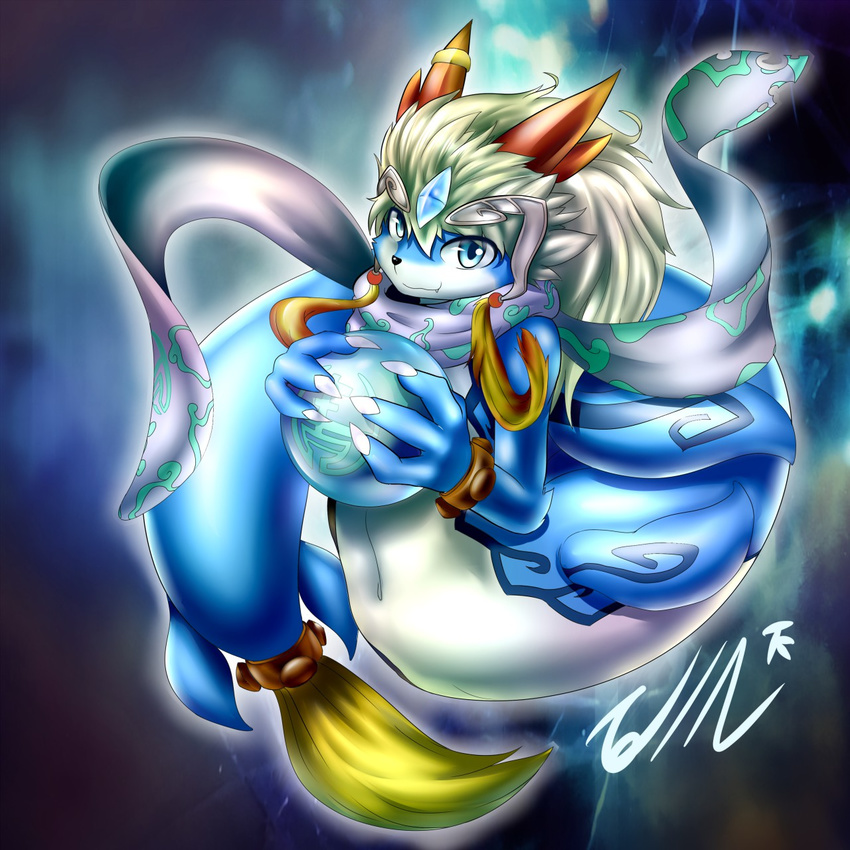 2015 anthro blonde_hair blue_eyes blue_skin canine cetacean claws clothed clothing hair horn hybrid long_hair looking_at_viewer male mammal marine orb scarf shaorune solo tailzkim tales_of_rebirth white_hair white_skin