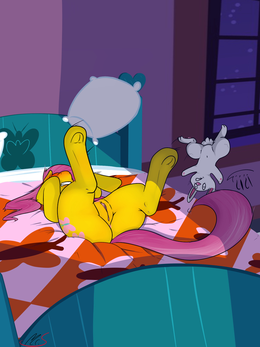 angel_(mlp) bed blush clitoris equine female fluttershy_(mlp) friendship_is_magic fur hair horse mammal mr.smile my_little_pony pony pussy vaginal wet
