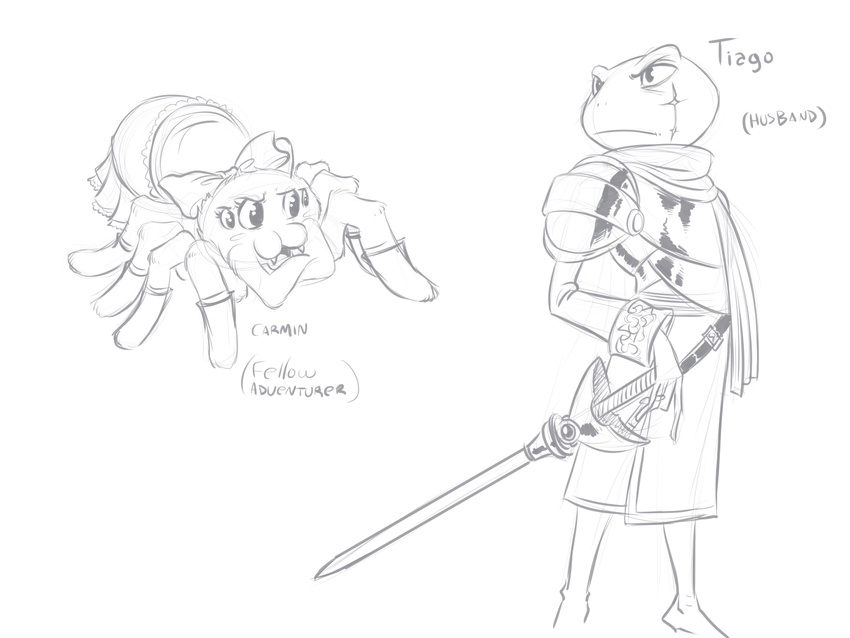 :3 amphibian angry anthro arachnid armor arthropod beatriz_overseer blush bow chochi crossed_arms duo fangs female frog frown male multiple_eyes open_mouth scar sketch spider sword weapon