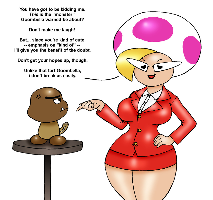 clothed clothing eyewear fangs glasses goomba hair jolene mario_bros nintendo odb-sxx penis plain_background short_skirt skirt small_penis suit table text tiny_penis video_games white_background wide_hips
