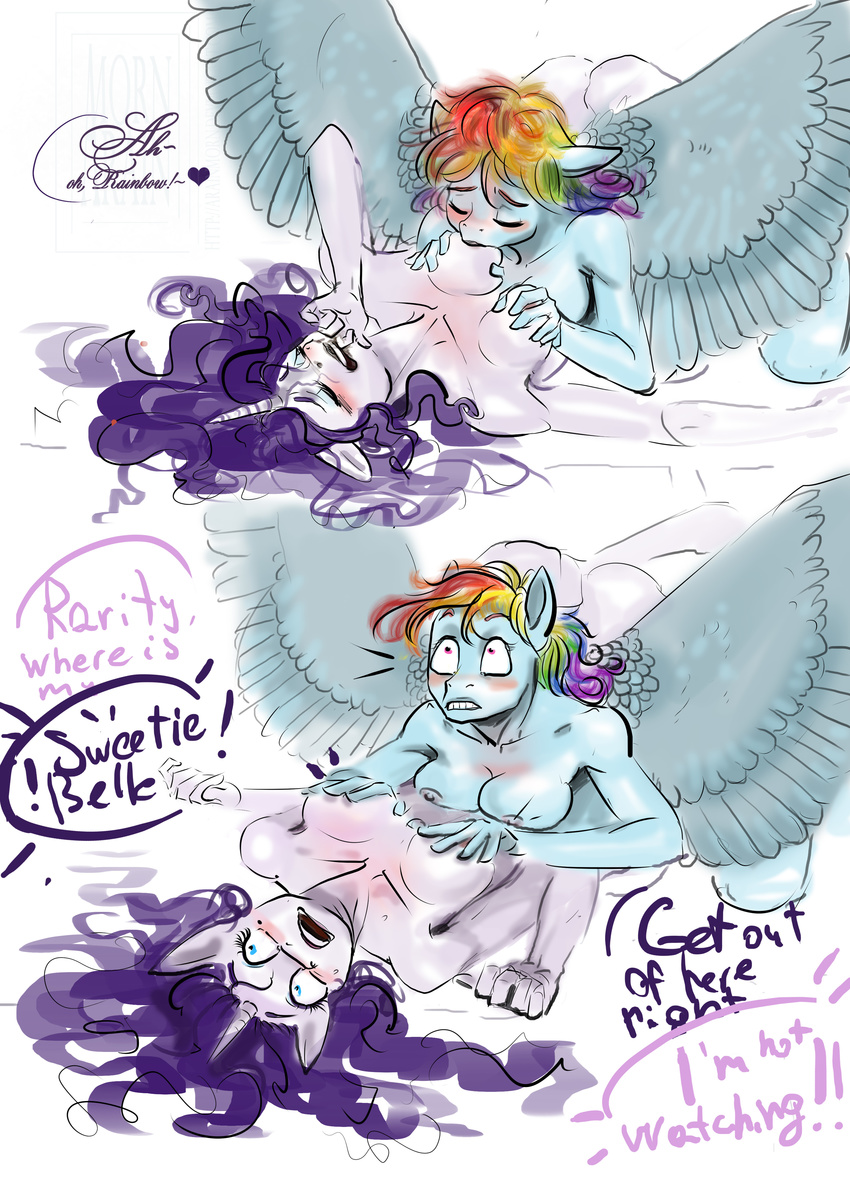 &lt;3 anthro anthrofied arainmorn biting_finger blue_eyes blush breast_grab breast_suck breasts caught duo english_text equine female female/female friendship_is_magic hair horn mammal multicolored_hair my_little_pony nipples open_mouth pegasus purple_hair rainbow_dash_(mlp) rainbow_hair rarity_(mlp) sucking text unicorn wings