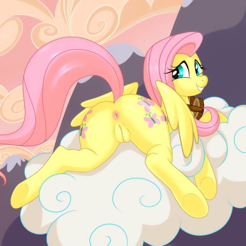 2015 anus butt cloud cutie_mark equine eyewear female feral fluttershy_(mlp) friendship_is_magic goggles hair ipan long_hair lying mammal my_little_pony on_cloud outside pegasus pink_hair pussy smile solo wings