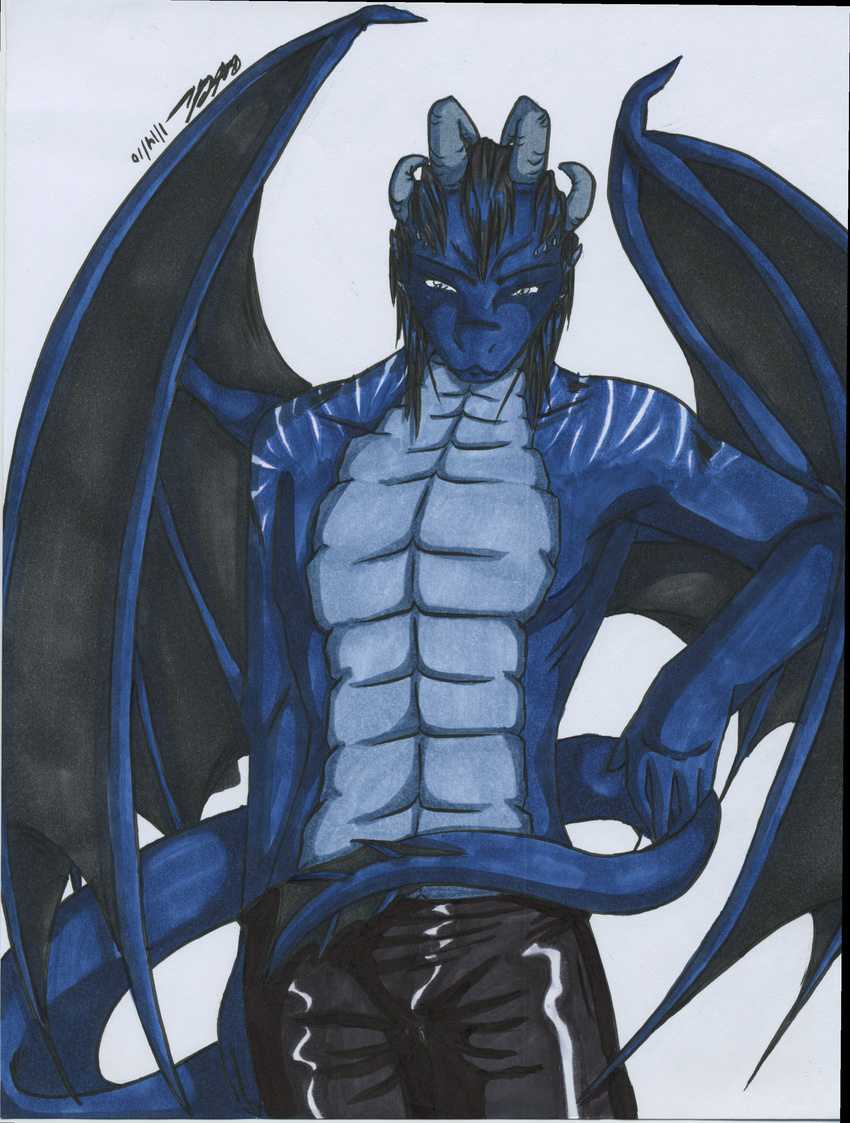 anthro black_hair blue_scales clothed clothing dragon hair half-dressed horn invalid_tag koshkio looking_at_viewer male scales scalie solo standing topless wings