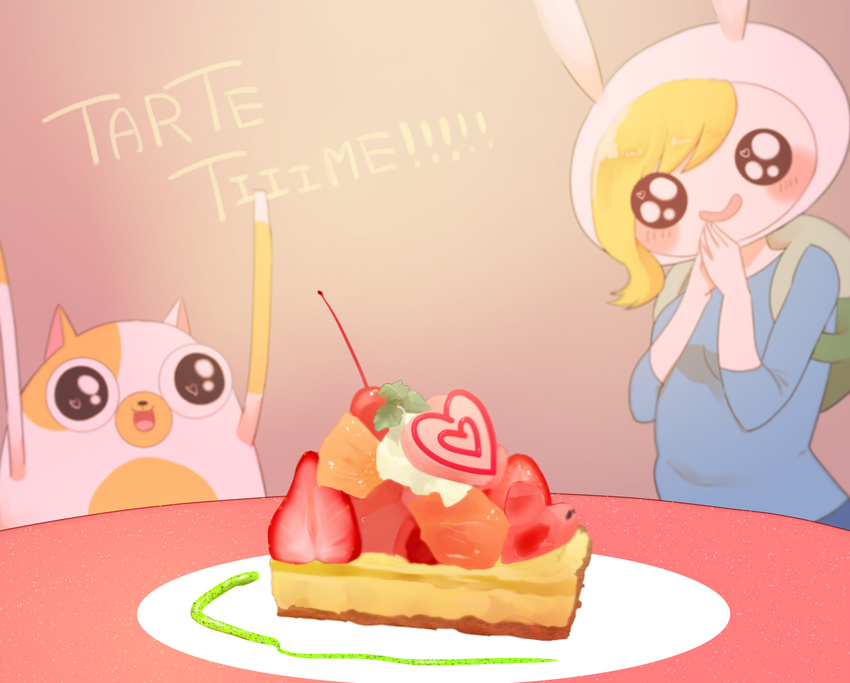 &lt;3 &lt;3_eyes adventure_time animal_ears backpack blonde_hair breasts cake cat english_text feline female fionna food fruits fur hair happy human mammal open_mouth rabbit_ears small_breasts smile text tongue tongue_out white_fur yellow_fur