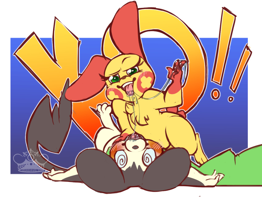 blush drooling emolga female feral fur green_eyes kissing knock_out male male/female mammal nintendo open_mouth plain_background plusle pok&eacute;mon rodent saliva scarf squirrel tongue tongue_out video_games whimsydreams white_fur yellow_fur