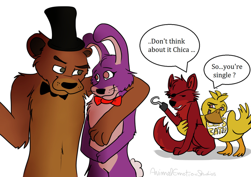 animalemotionstudios anthro avian bear bird bonnie_(fnaf) bow canine chica_(fnaf) chicken english_text eye_to_eye fail female five_nights_at_freddy's fox foxy_(fnaf) freddy_(fnaf) group hook lagomorph male mammal rabbit text video_games words