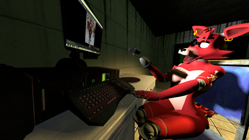 3d breasts computer female five_nights_at_freddy's foxy inside machine mammal mechanical nipples open_mouth reskin robot spider26 surprise table video_games wall