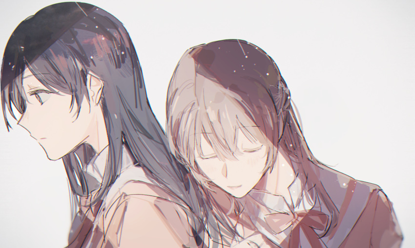 2girls biiko_(king1015g) black_hair brown_hair eyes_closed highres light long_hair lying_on_another multiple_girls nanami_touko saeki_sayaka school_uniform shadow simple_background uniform upper_body yagate_kimi_ni_naru