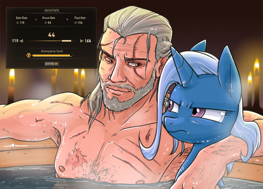 2015 annoyed candle crossover duo english_text equestria-prevails equine female feral friendship_is_magic geralt_of_rivia hair hi_res horn human male male/female mammal my_little_pony nude purple_eyes text the_witcher trixie_(mlp) unicorn water