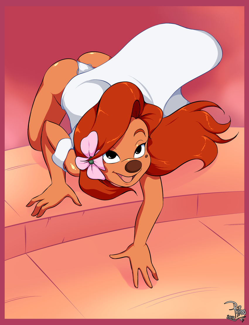 2015 a_goofy_movie beauty_mark black_eyes brown_nose butt canine clothing crawling dog dress flower hair long_hair looking_at_viewer mammal open_mouth panties pepipopo plant red_hair roxanne smile thong underwear