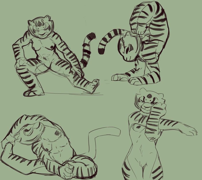 action_pose anthro breasts contortion crouching feline female flexible flexing kung_fu_panda mammal master_tigress monochrome multiple_images multiple_poses muscles myheartpumpspiss nude opencanvas pussy sketch standing stretching stripes tiger upside_down