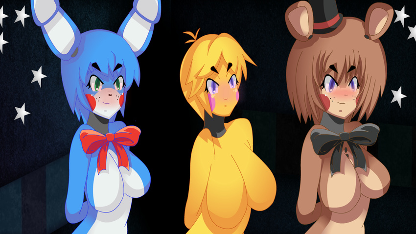 animal_ears animatronic avian bear big_breasts bird blush bonnie_(fnaf) breasts chica_(fnaf) chicken five_nights_at_freddy's freddy_(fnaf) lagomorph machine mammal mechanical rabbit robot video_games