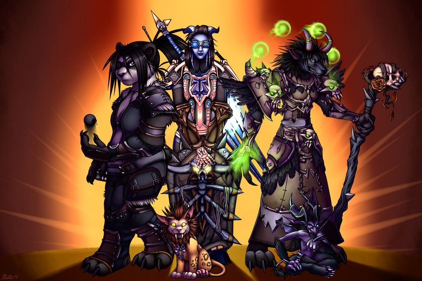 2014 abstract_background anthro bear black_fur black_hair blade canine cat chopsticks claws daarun_(character) demon draenei feline female fire fur green_eyes group hair hi_res hooves humanoid looking_at_viewer mammal multicolored_hair panda pandaren paralee_(character) polearm ratte red_hair s&eacute;ras_(character) serious shield skull smile staff sword toe_claws video_games warcraft weapon were werewolf windrider wolf worgen world_of_warcraft