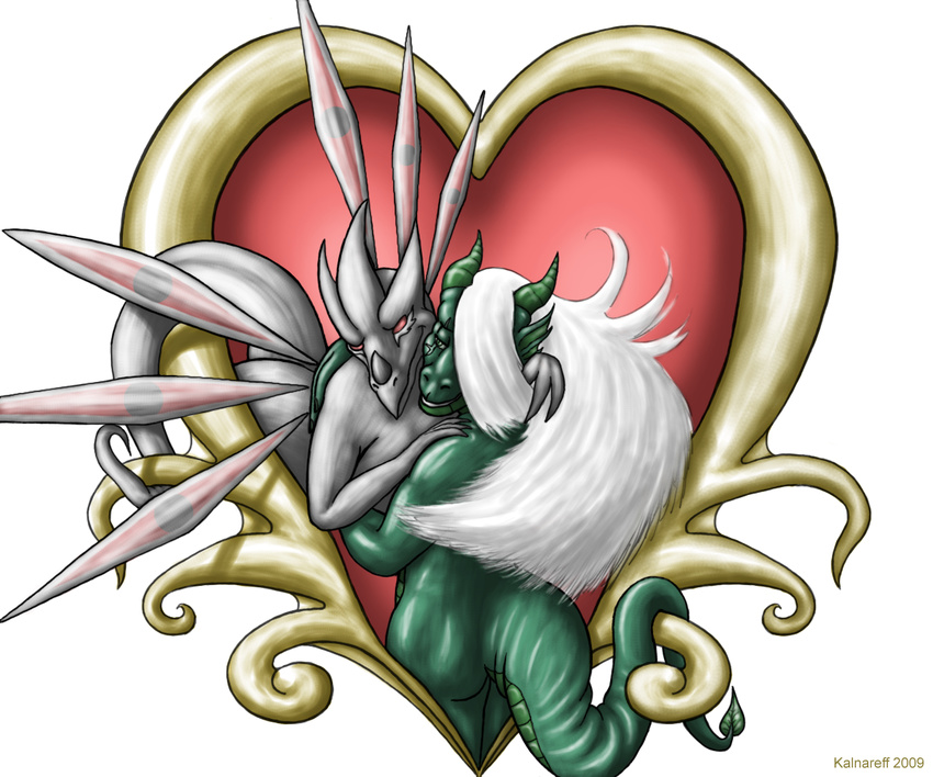 &lt;3 2009 anthro breasts butt claws dragon duo female green_eyes green_scales grey_scales hair horn hug kalnareff long_hair looking_back nakourou nude plain_background raised_tail rall rear_view red_eyes scalie scar slit_pupils smile teeth white_background white_hair wings