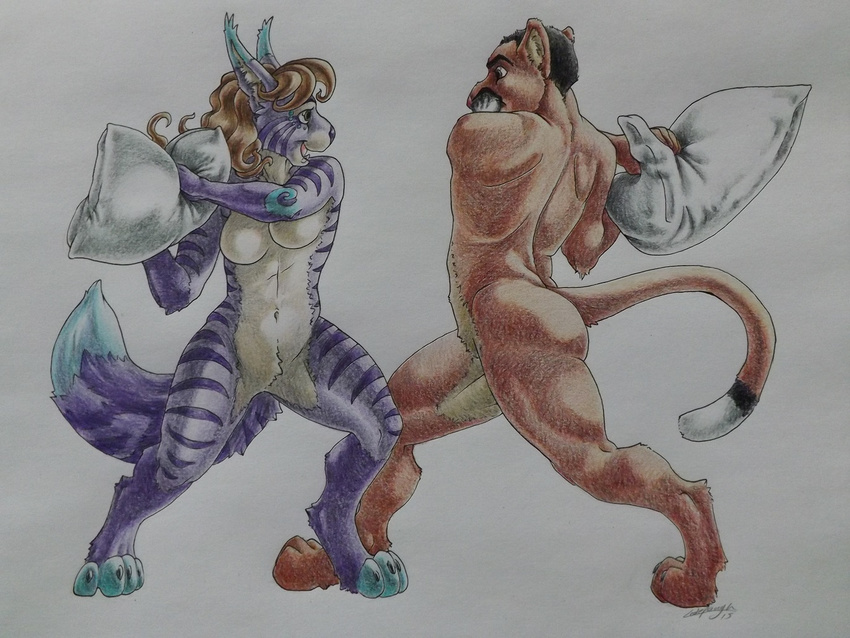 black_hair brown_hair cougar couple duo feline female hair hybrid jason male mammal muscles pillow pillow_fight playing sinistervibe stripes tess traditional_media_(artwork)