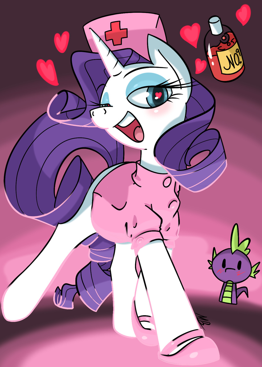 &lt;3 &lt;3_eyes beverage blue_hair blush clothed clothing dragon equine footwear friendship_is_magic fur grey_background hair half-closed_eyes horn horse mammal mustang-blaze my_little_pony no_pupils open_mouth plain_background pony potion rarity_(mlp) scalie shoes simple_background smile spike_(mlp) teeth tongue white_fur