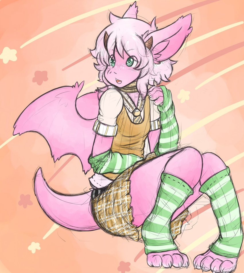 2015 5_toes ambiguous_gender anthro clothing dragon ear_tuft fur green_eyes hair horn legwear pink_fur plain_background sebafox skirt socks solo star toes tuft wings