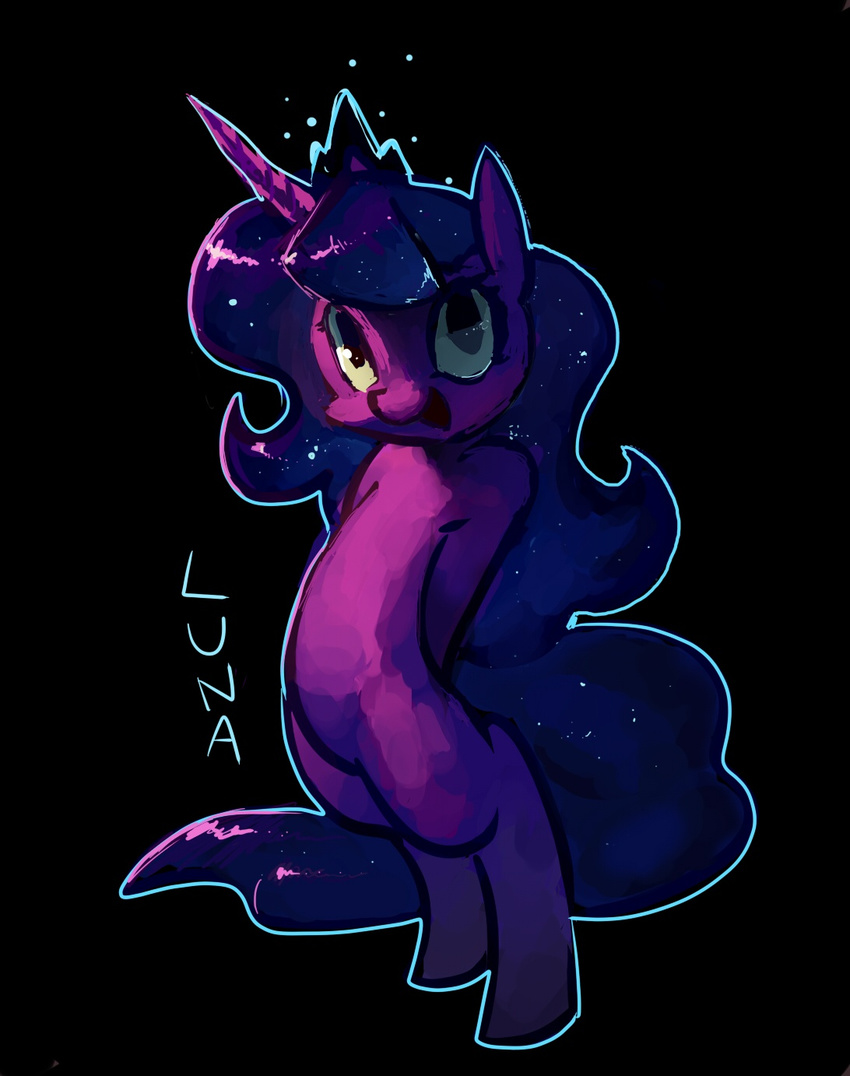bipedal black_background blue_fur blue_hair crown derekireba english_text equine female friendship_is_magic fur hair horn horse looking_at_viewer mammal my_little_pony open_mouth plain_background pony princess_luna_(mlp) royalty smile solo text