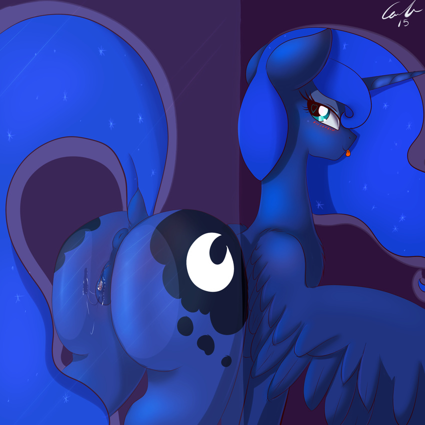 &lt;3 &lt;3_eyes 2015 anus bedroom_eyes blue_eyes blue_fur blue_hair blush butt clitoral_winking clitoris dock equine female feral friendship_is_magic fur hair half-closed_eyes horn looking_at_viewer looking_back mammal matimus91 my_little_pony on_glass princess_luna_(mlp) pussy pussy_juice solo spread_wings tongue tongue_out winged_unicorn wings