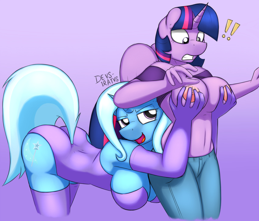 !! 2015 anthro anthrofied areola big_breasts blue_fur breast_grab breast_squeeze breasts clothed clothing cutie_mark devs-iratvs duo elbow_gloves equine female female/female friendship_is_magic fur gloves grope hair hand_on_breast hi_res horn legwear mammal my_little_pony open_mouth purple_fur thigh_highs trixie_(mlp) twilight_sparkle_(mlp) two_tone_hair unicorn winged_unicorn wings