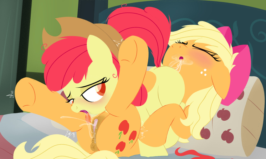 69 2015 anus applejack_(mlp) bed blonde_hair blush butt clitoris cowboy_hat cunnilingus cutie_mark dtcx97 duo earth_pony equine eyes_closed female feral freckles friendship_is_magic hair hat hi_res hooves horse incest inside lying mammal my_little_pony on_back on_bed on_top oral pillow pony pussy pussy_juice sex sibling sisters tongue tongue_out underhoof vaginal young