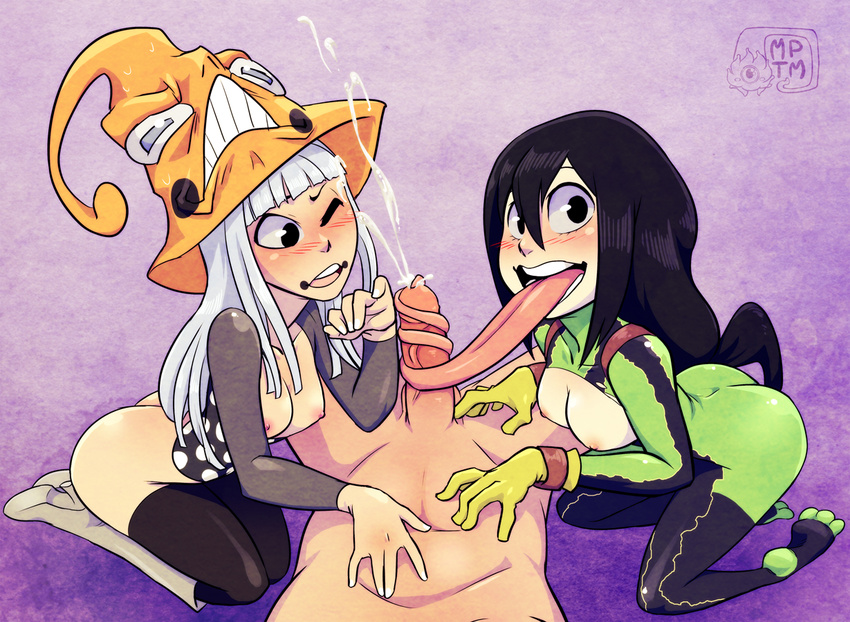 2girls alternate_legwear asui_tsuyu black_eyes black_hair blush bodysuit boku_no_hero_academia breasts cum ejaculation eruka_frog fellatio green_bodysuit hat hetero long_hair long_tongue looking_at_viewer medium_breasts multiple_girls my_pet_tentacle_monster nipples oral penis pov silver_hair soul_eater sweatdrop thighhighs tongue tonguejob witch_hat