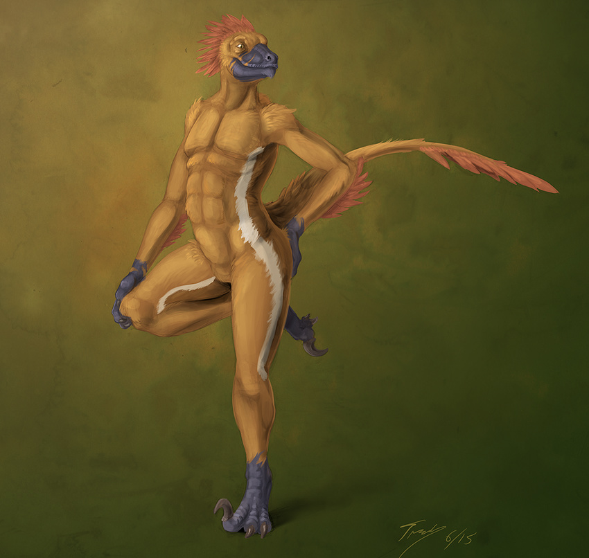 3_fingers 3_toes anthro claws dinosaur feathered_raptor feathers male pose raptor solo standing toes treefyleaves yellow_eyes