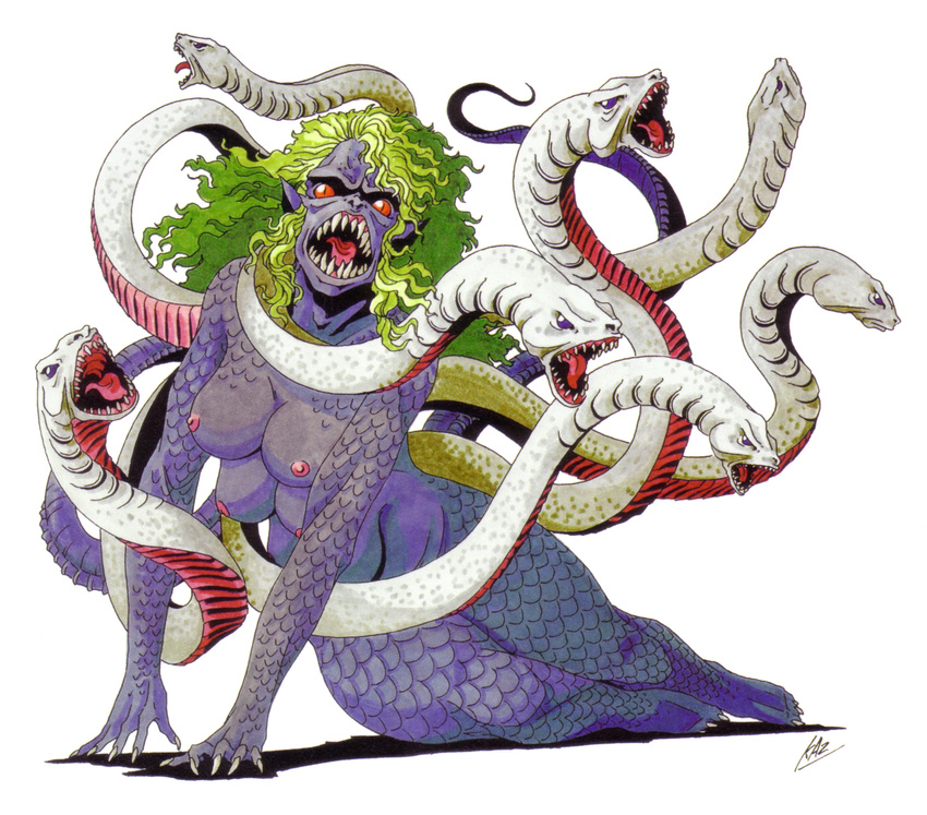 breasts fangs female green_hair hair looking_at_viewer megami_tensei monster multi_breast official_art open_mouth red_eyes reptile scalie shin_megami_tensei shin_megami_tensei_ii simple_background snake solo thick_thighs tiamat
