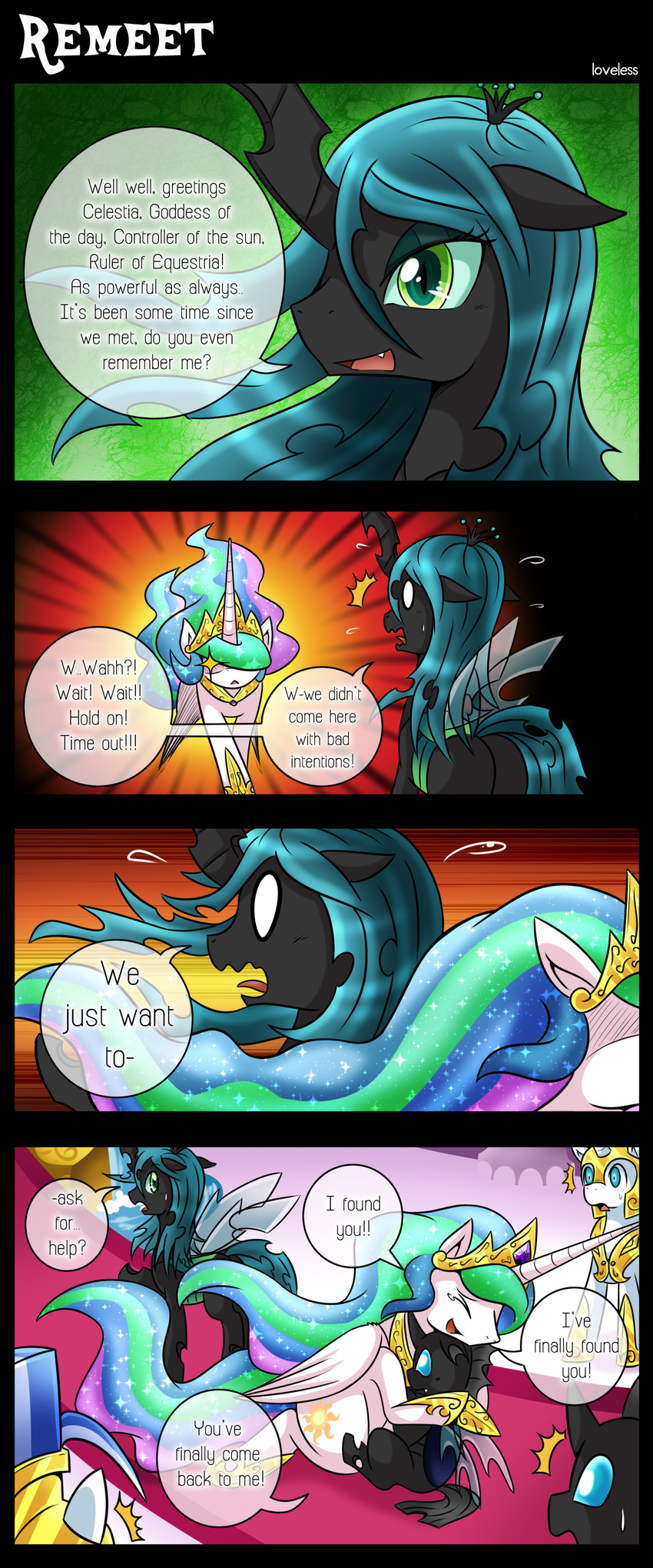 2015 changeling comic dialogue earth_pony english_text equine female feral friendship_is_magic horn horse hug male mammal my_little_pony pony princess_celestia_(mlp) queen_chrysalis_(mlp) text unicorn vavacung winged_unicorn wings