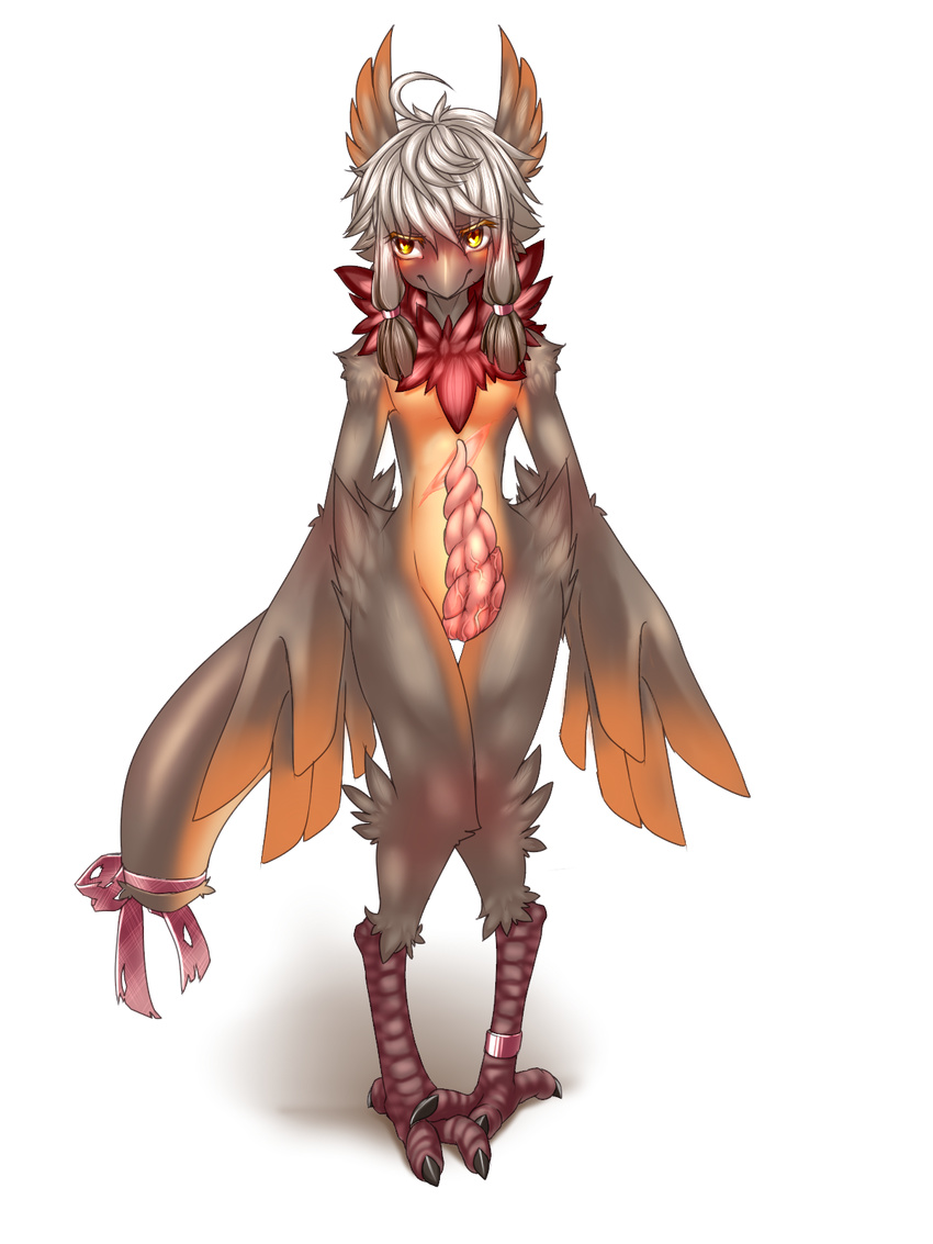 alpha_channel anklet anthro avian blush claws clothing digitigrade feathers girly hair kosian male penis ribbons scar solo tapering_penis torn_clothing vein veiny_penis white_hair wide_hips wings yellow_eyes