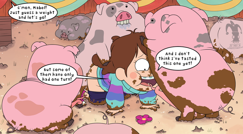 animal_genitalia balls bestiality blargsnarf brown_hair butt clothed clothing cum cum_inside disney english_text erection female feral gravity_falls group hair half-dressed human interspecies mabel_pines male male/female mammal open_mouth penetration penis pig porcine sex smile text tongue waddles young