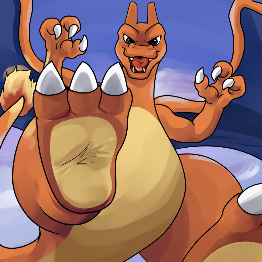 2015 3_toes ambiguous_gender charizard claws fire foot_focus futonmania hindpaw looking_at_viewer nintendo open_mouth paws pok&eacute;mon soles toe_claws toes video_games wings