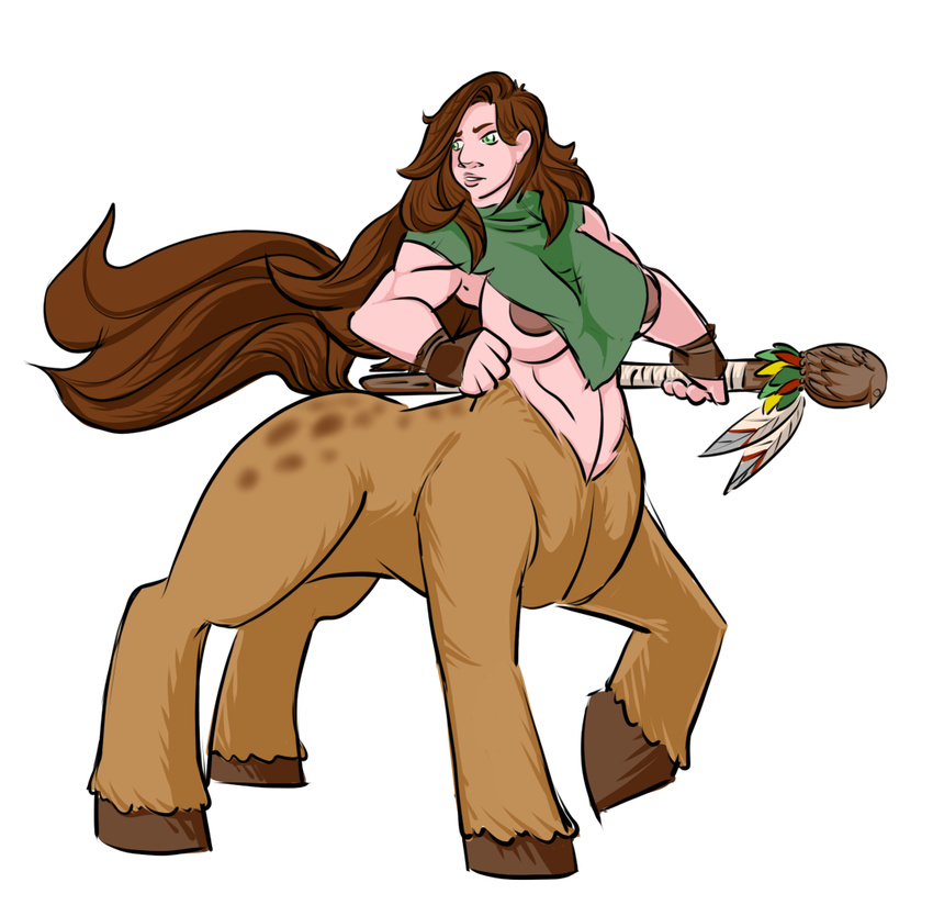 abs big_areolas big_breasts breasts brown_hair centaur ein_(artist) equine female fit fluffy_tail green_eyes hair hooves human mammal muscles polearm solo staff taur weapon wristband