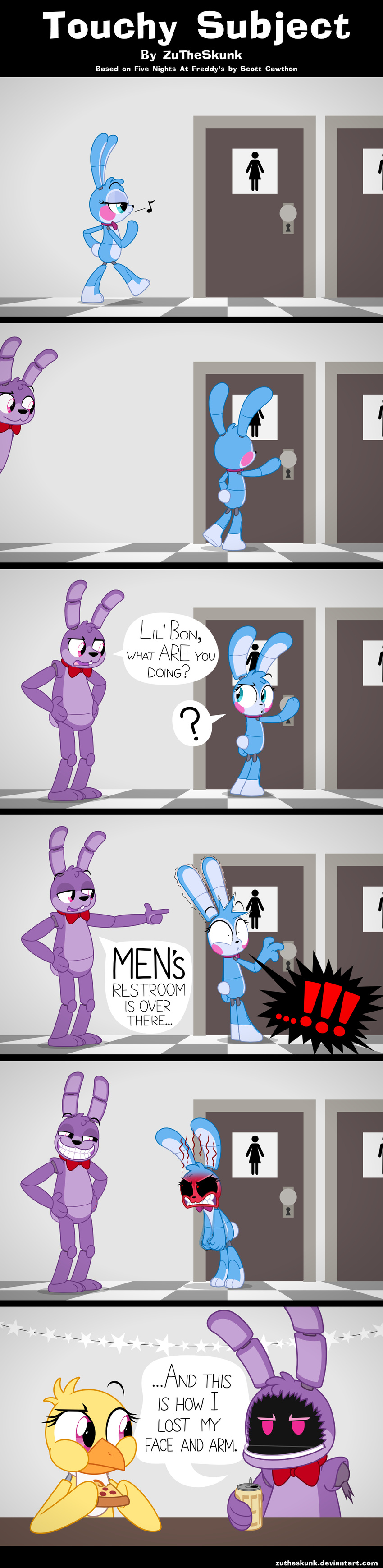 2015 angry animatronic avian bird bonnie_(fnaf) bow_tie chica_(fnaf) chicken comic dialogue eating english_text female five_nights_at_freddy's five_nights_at_freddy's_2 food fur green_eyes hair humor lagomorph machine male mammal mechanical open_mouth pink_eyes pizza rabbit robot smile teeth text toilet tongue toy_bonnie_(fnaf) video_games zutheskunk